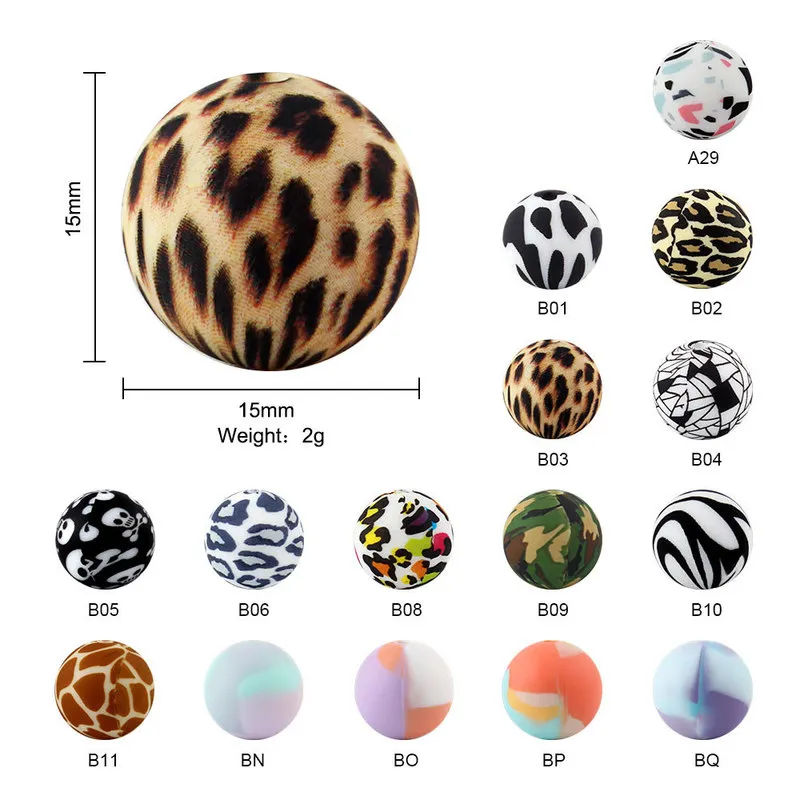 perline in silicone 15mm leopardo terrazzo stampa baby dentizione perline tie-dye catena ciuccio fai da te igiene orale infantile perla 220211