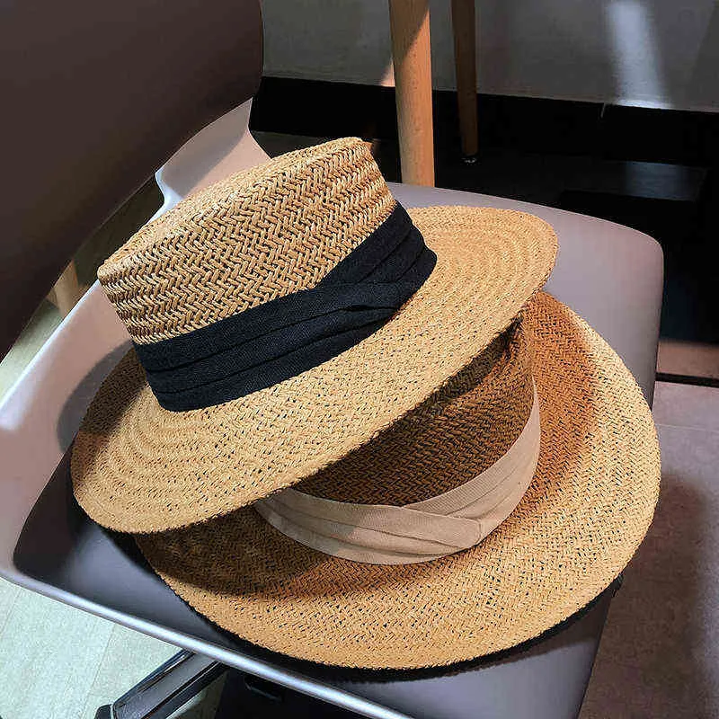 Cappelli da sole Cappelli di paglia francesi femminili Cappelli alla moda Parasole concavo Cappello a cilindro Donna Cappelli da spiaggia fatti a mano G220301