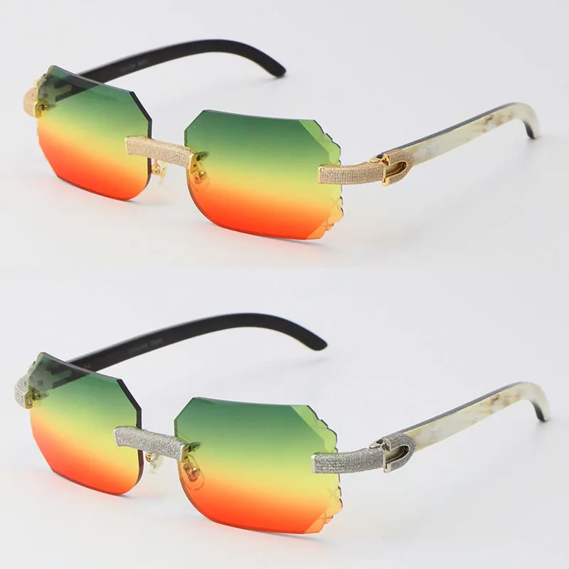 2022 Novos óculos de sol micro-pavimentados sem aro de diamante sem aro de sol dos óculos de sol preto mistura branca genuína natural búfalo chifre de molduras homens com 175y