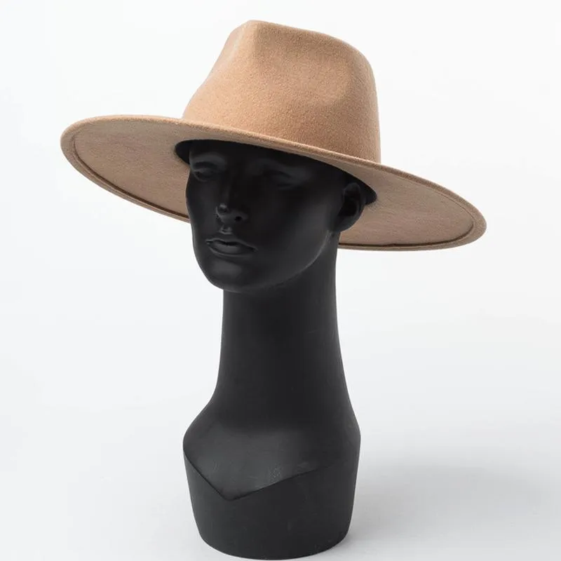 Klasyczne szerokie grzbiet wieprzowiny fedora czapka wielbłąd czarna wełna kapelusze mężczyźni kobiety miażdżone zimowy kapelusz derby ślubny kościół Jazz Hats Y200110268k