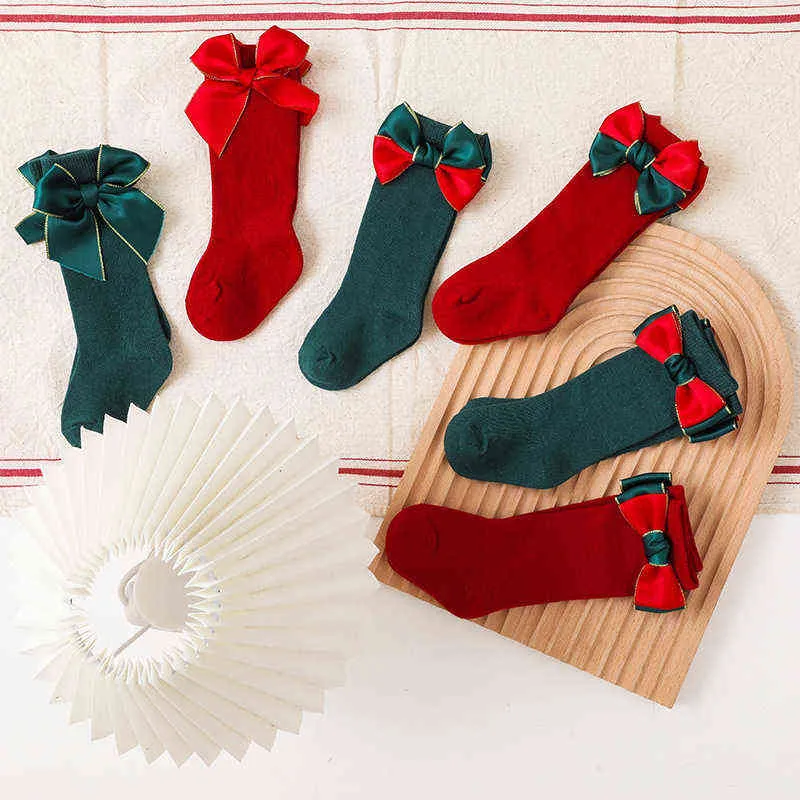 2 paia calzini natalizi bambina fiocco bambino calzini lunghi alti al ginocchio rosso morbido cotone bambini calzino regalo neonato Socken 0-5 anni G1224