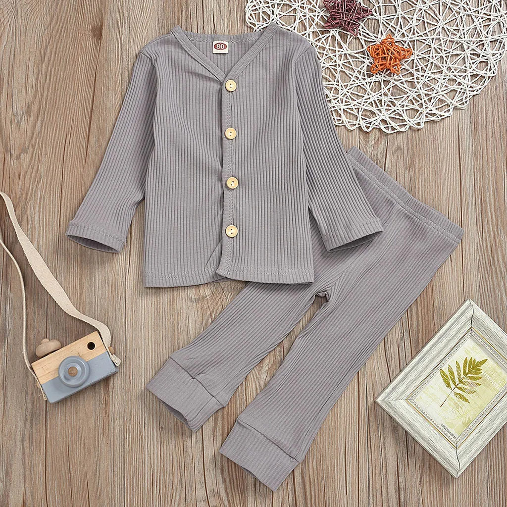 Vêtements pour nouveau-né garçon, haut à manches longues + pantalon, couleur unie, vêtements d'hiver pour bébés, robe de nuit d'automne, ensemble de vêtements pour nourrissons 2T