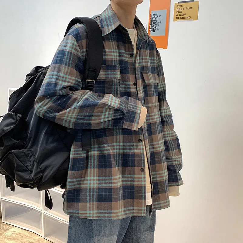 Ebaihui Oversized Autumn Mäns Retro Plaid Long-Sleeved Shirt Office Male Classic Blue Work Jacket Programmer Penuter Top