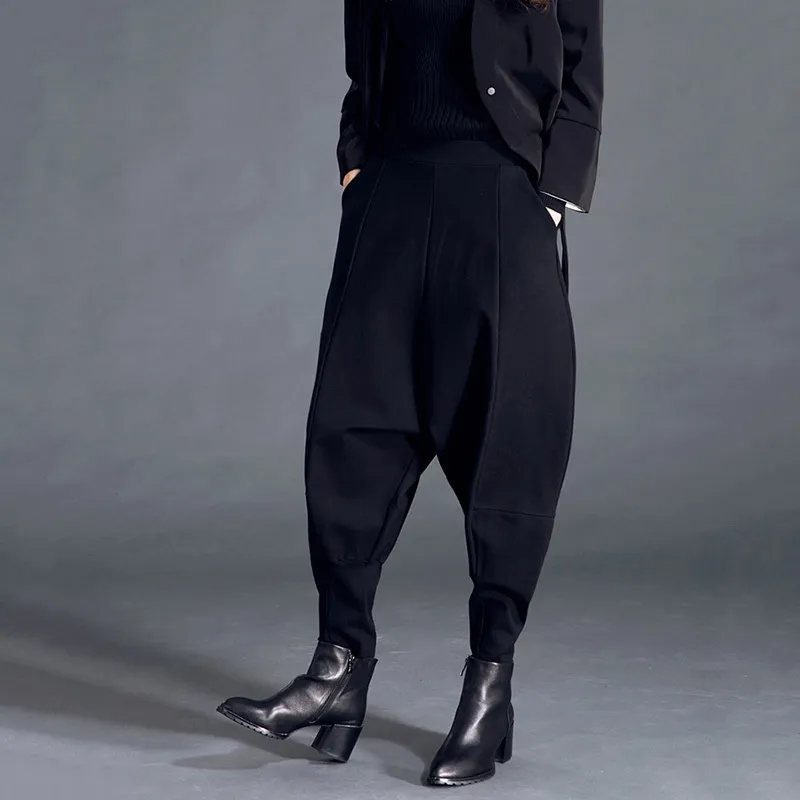 EAM NEW SPRING Fashion Black High midja Elastiska fickor Patchwork Casual Woman Full Length Harem Pants SA155 201112