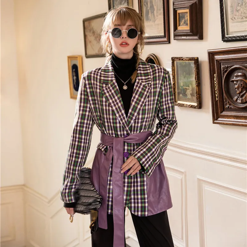 [EAM] Kobiety Purple Plaid PU Skóra Duży Rozmiar Blazer Nowy Lapel Z Długim Rękawem Loose Fit Kurtka Moda Wiosna Jesień 1Z131 201114