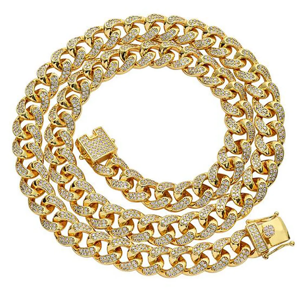 12mm Iced Miami Diamond Cuban Link Chain Real 14k Yellow Gold Solid Cuban Chain 16inch 18inch 20inch 22inch Cubic Zirconia Jewelry280K