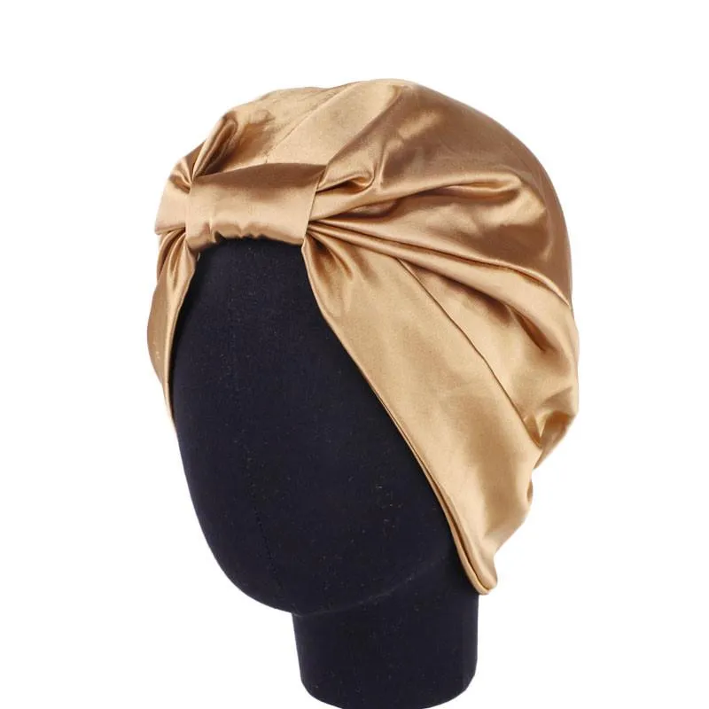 6 färger Bow Double Silk Elastic Bathing Sleep Satin Salon Bonnet For Night Hair Hat Natural Curly Hair for Women Head Wrap Cap1236b