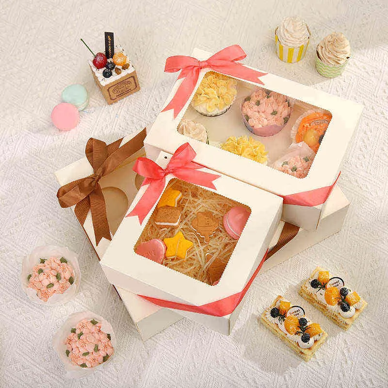 Bakning Transparent Fönster Muffin Box Egg Tart Cupcake Förpackning Box 4/6/12 Qifeng Open Card Flip Carton CX220125