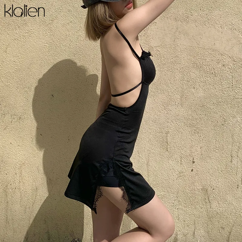 KLALIEN Fashion Sexy Hollow Out Halter Black Lace Up Slim Mini Dres Summer Casual Club Street Beach Bodycon Dresses 220311