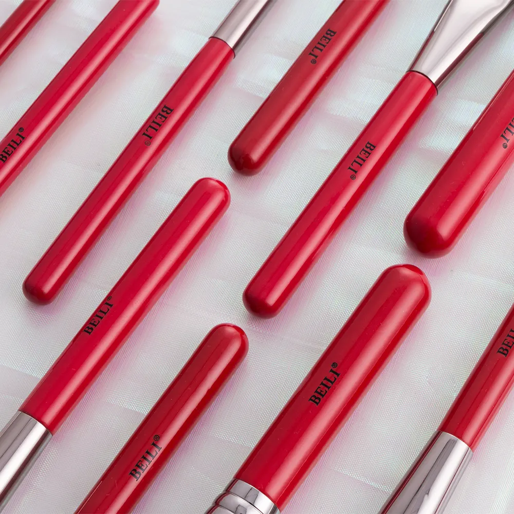 Beili Kırmızı Profesyonel Makyaj Fırçaları Set Doğal Saç Fırçası Makyaj Vakfı Tozu Allık Göz Farı Kaş 2010077022984