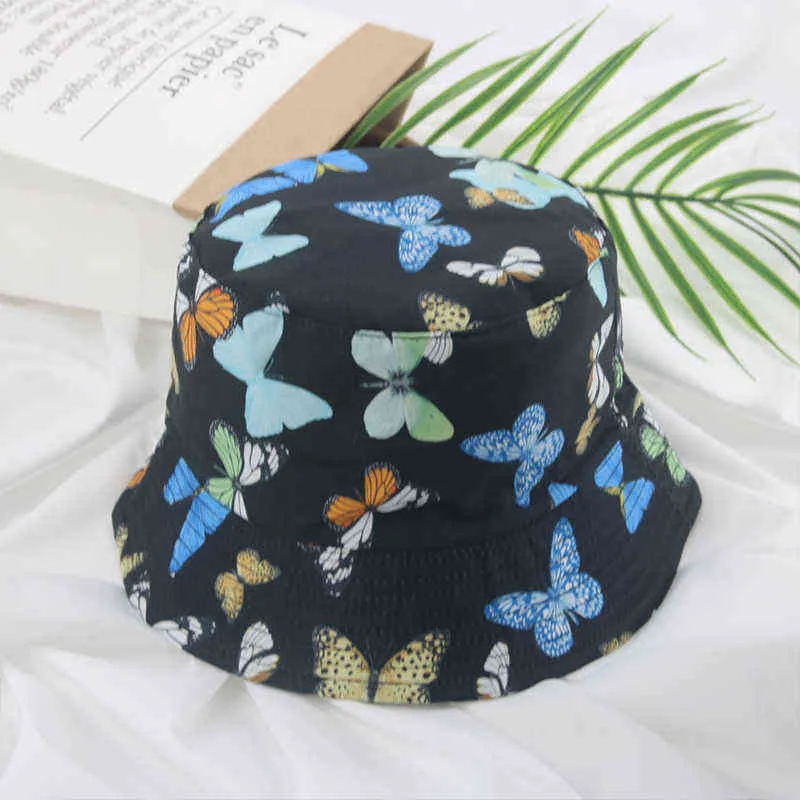 Bucket Hat Women Black White Butterfly Street Women's Hat Bone Double Side Elegant Outdoor Casual Hip Hop Fishing Bucket Gorras G220311