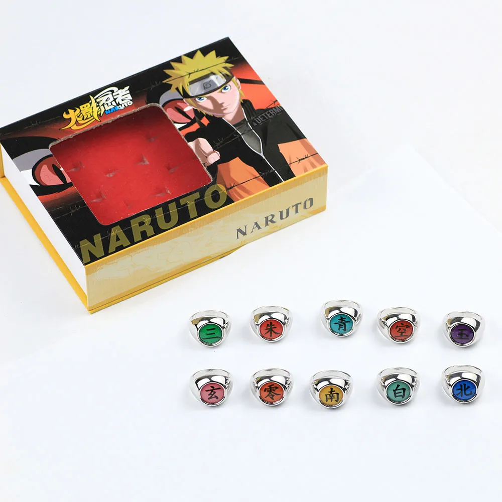10 stuks Naruto Ringen Akatsuki Uchiha Itachi Orochimaru lid Ring Set in doos Props Gift 210310269O
