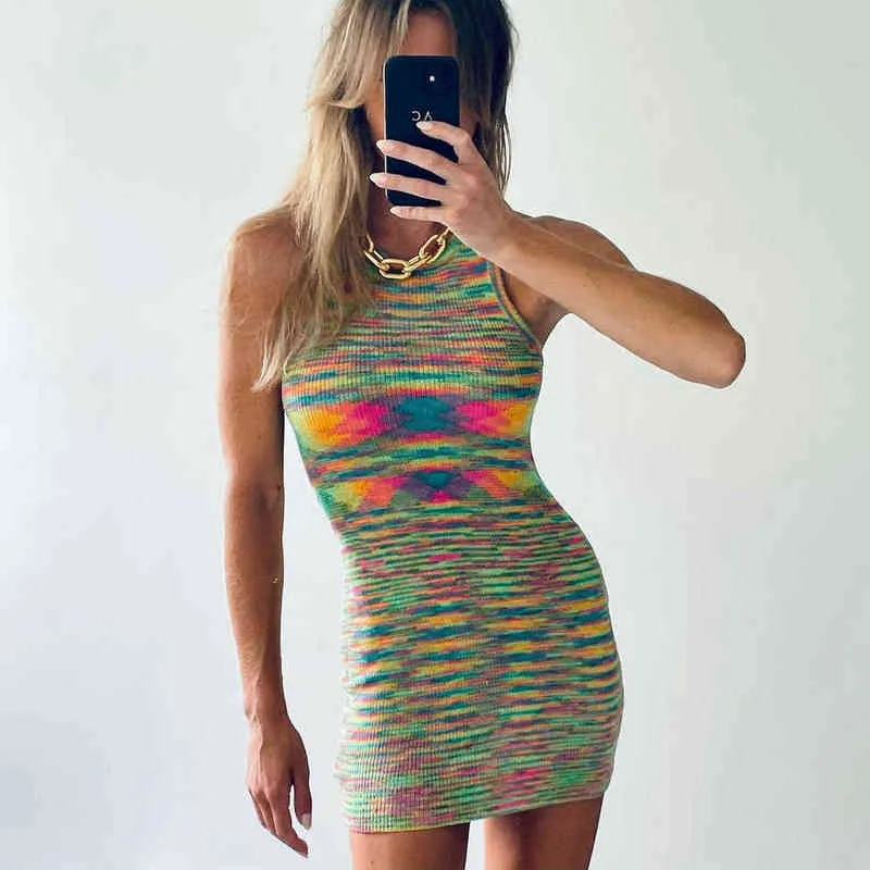 2021 Zomer Knit Mini Jurk Vrouwen Off Schouder O Neck Sexy Beach Vintage Party Knit Bodycon Mouwloze Jurken Y2K Y220304