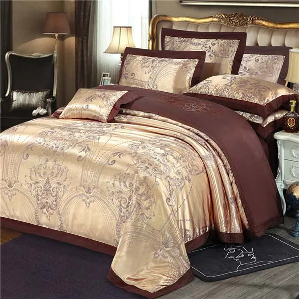 Set biancheria da letto di seta di lusso Jacquard dorato 60S cotone King Queen Size Set letto in pizzo Copripiumino in raso Cuscino in lino Lenzuolo Casa Texti258q