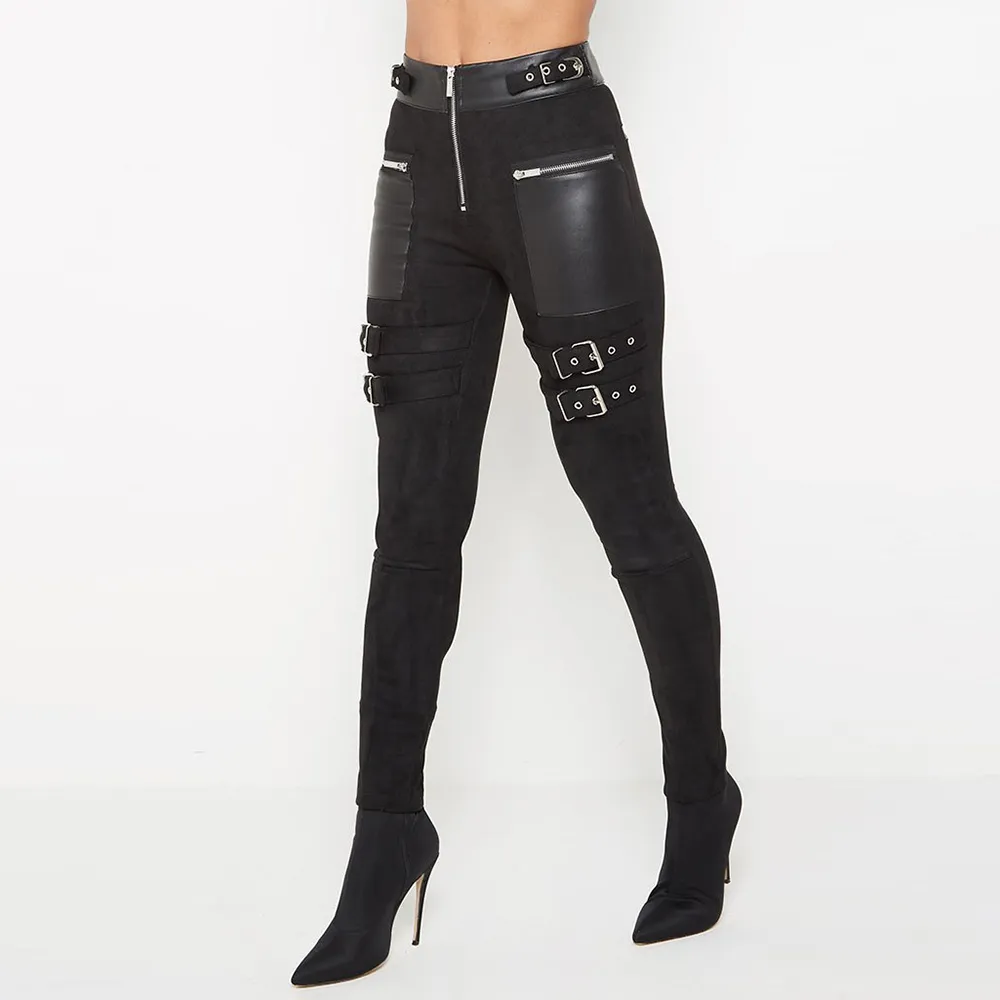 ПУ кожаный гот карандаш брюки для женщин темные модные ушки пэчворки леди кожаные брюки тощий шикарные женские штаны D30 201106