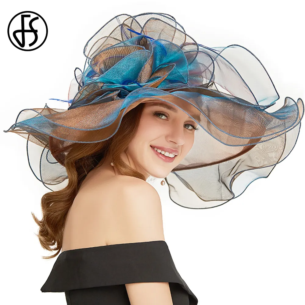 FS Organza Summer Church Hats For Women Elegant Large Wide Brim Ladies Vintage Fedoras With Big Flower Pink Beach Hat Y200714275c