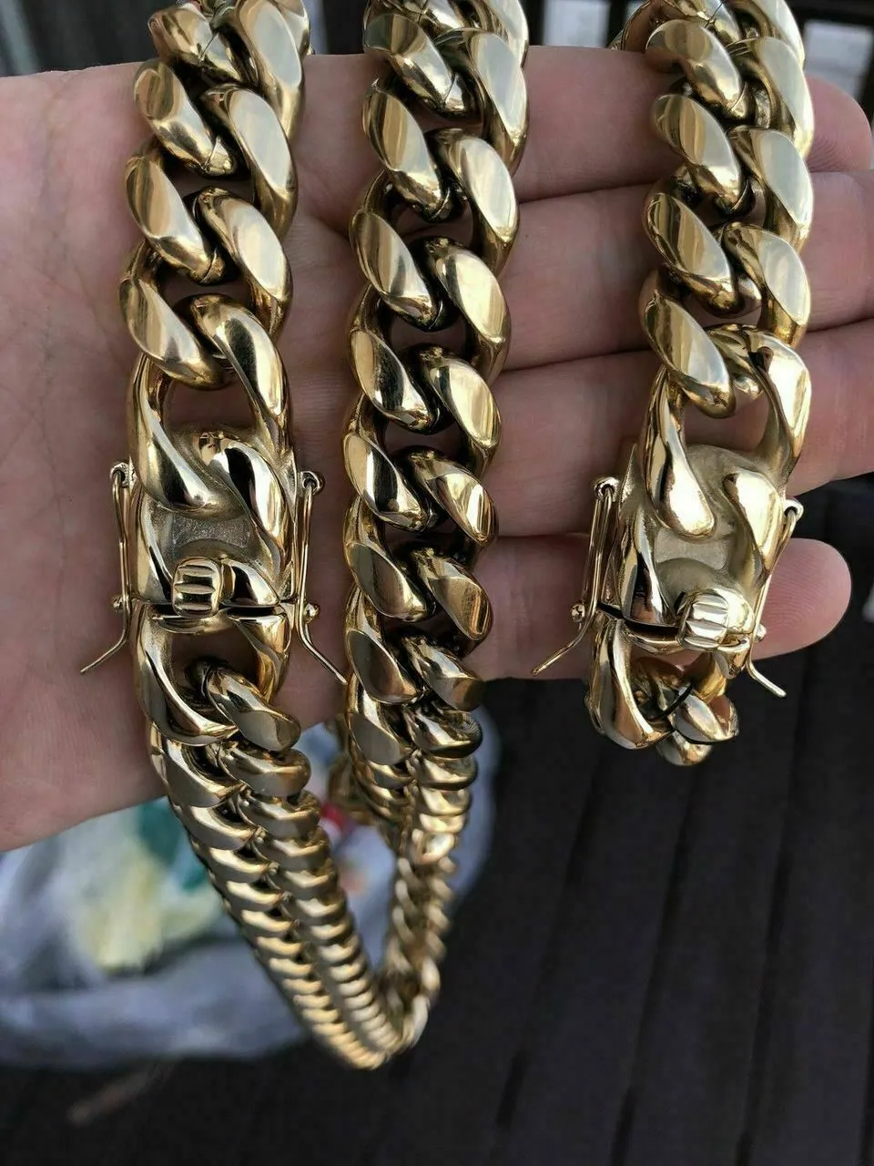 18mm män kubansk miami länk armband kilo kedja set 14k guld över rostfritt stål216o