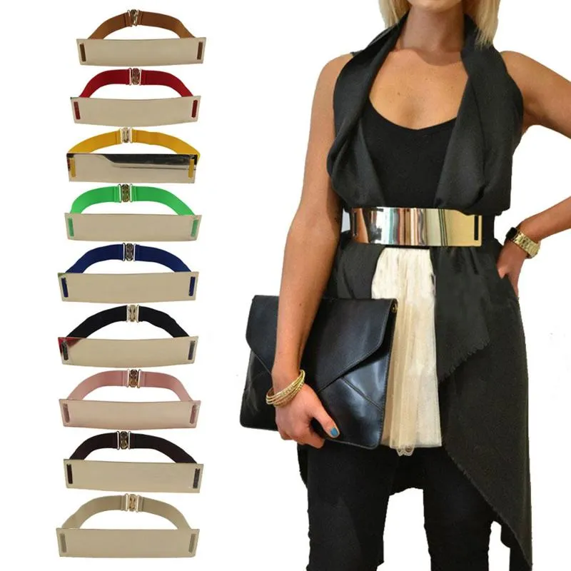 nueva moda sexy mujeres espejo elástico cinturón de metal cintura cuero plato metálico bling buque de ropa de cinturón accesorio de fiesta 276d