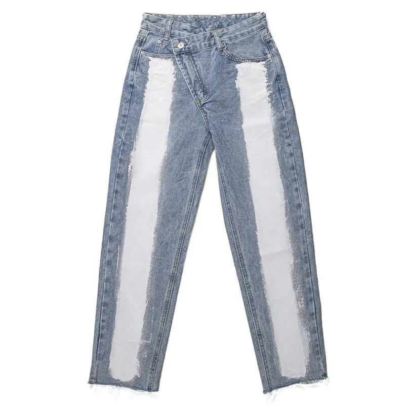 [DEAT] 2020 nuovi pantaloni di moda jeans a vita alta da donna denim dritto color block pulsante laterale design fit il tempo libero selvaggio LJ201029