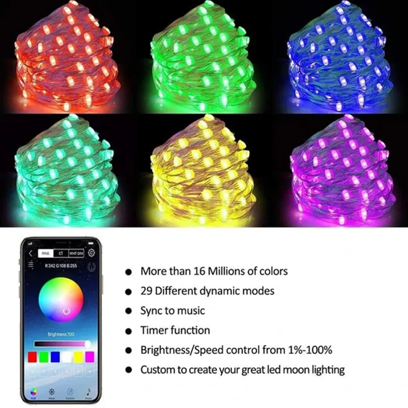 Guirlande lumineuse de Noël Décoration d'arbre de Noël Lumières LED Guirlandes App Télécommande Ornements de Noël Fête Éclairage de vacances LB Y201020