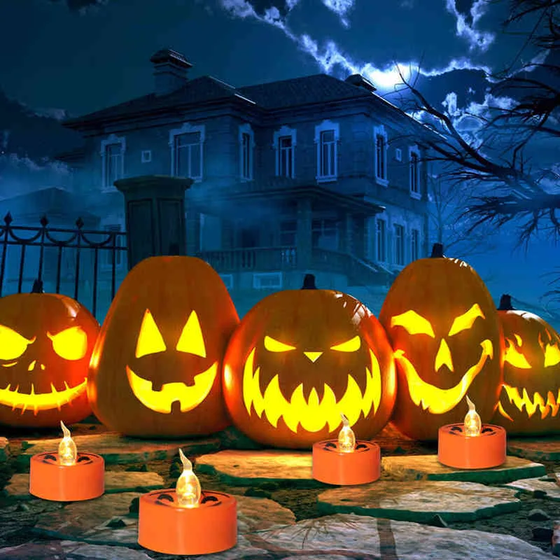 12 sztuk / zestaw Kreatywny Dyni Lekki Halloween Niepomejone Pomarańczowe Elektryczne Świece Lampy Halloween Dekoracja dla House Horror House H1222