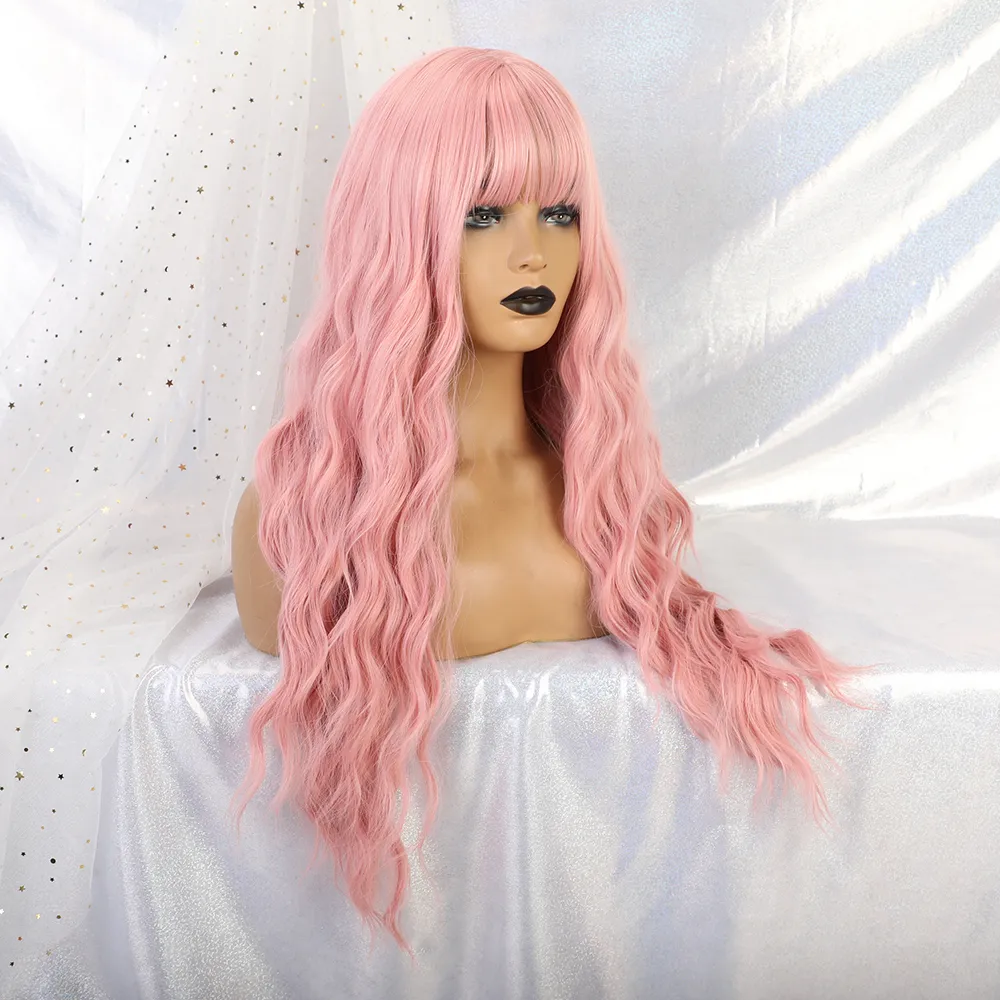Långa rosa peruker med bangs vattenvåg värmebeständig vågig hår syntetisk peruk för kvinnor afrikansk amerikan lolita cosplay