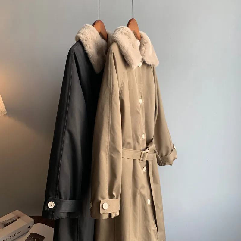 Fodera invernale in finta pelliccia di coniglio Trench femminile lungo sottile coreano manica lunga cravatta cappotto spesso giacca imbottita in cotone 201027