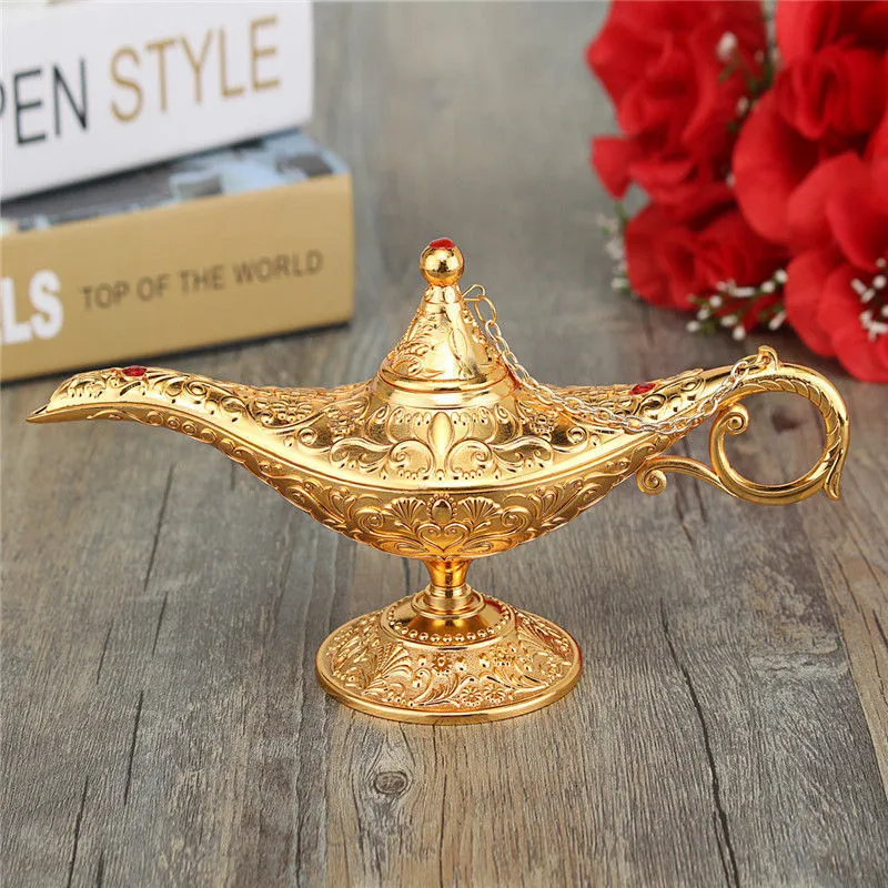 KiWarm Klassiek Metaal Gesneden Aladdin Lamp Licht Wensen Thee Olie Pot Decoratie Collectable Saving Collection Arts Craft Gift Y200101802697