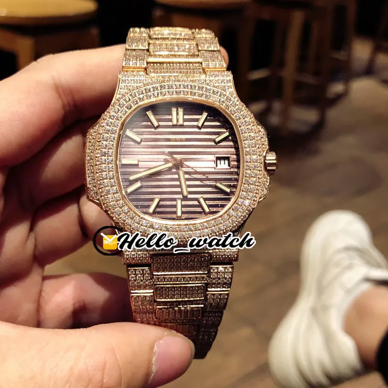 Nuevo 5711 5711 1A Marrón Textura Dial Miyota Reloj automático para hombre Oro rosa Completamente helado Pulsera de diamantes Relojes deportivos HWPP Hola250M