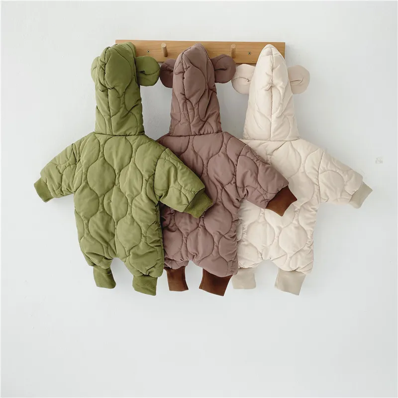 Spädbarn Siamese Cotton Suit Romper Vinter Tjock Värm ut Kläder Born Girls 210515