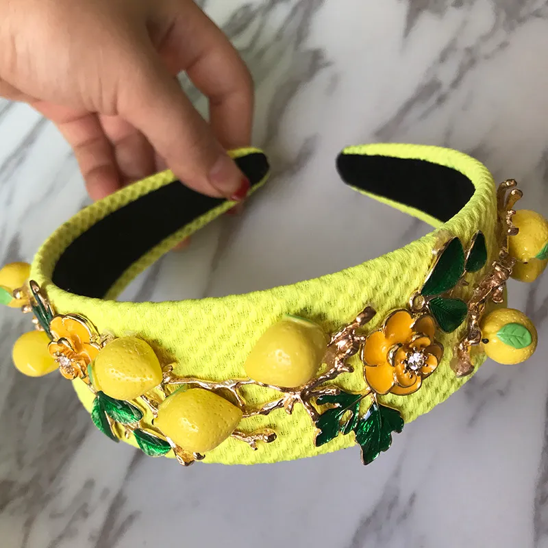 Barokowy pas startowy uroczy żółty kwiat cytryny zielone liście opaska na kobiety luksusowe vintage Wideside Hair Accessories Biżuteria 2237s