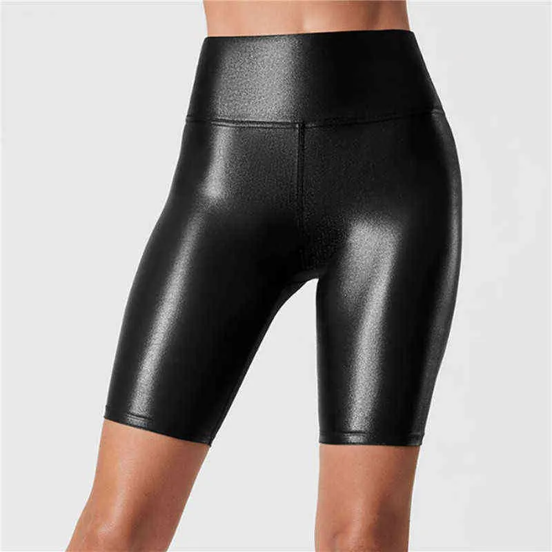 Mujeres de cintura alta Pantalones cortos de cuero de imitación Sexy Slim Sólido Negro Verano Pantalones cortos Casual Moda Elástico PU Shorts Y220311
