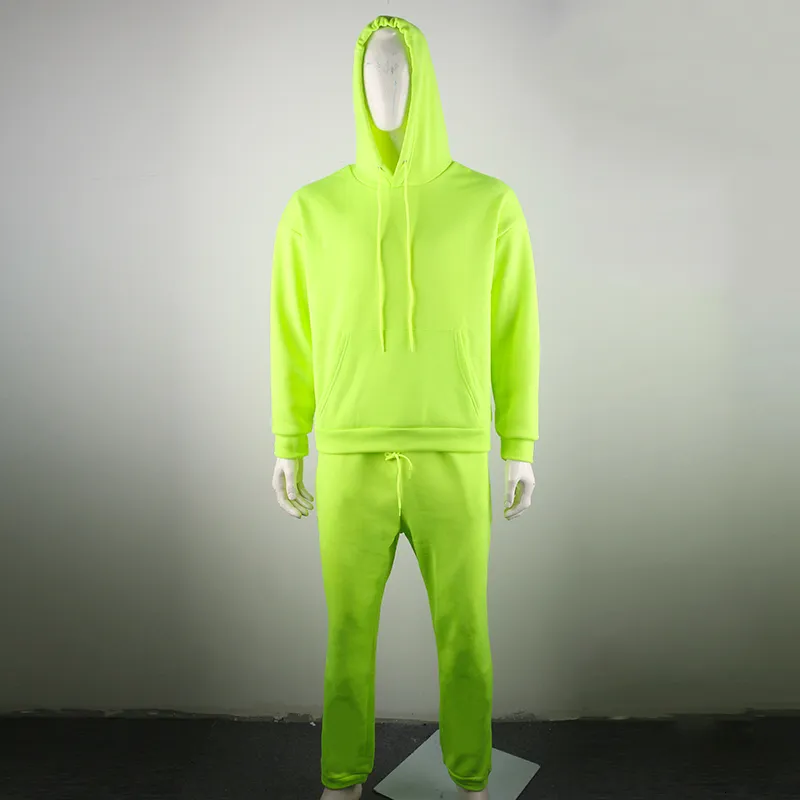 OMSJ moda neon stile uomo set fluorescenza verde felpa con cappuccio + pantaloni della tuta due pezzi autunno inverno tuta casual 201118