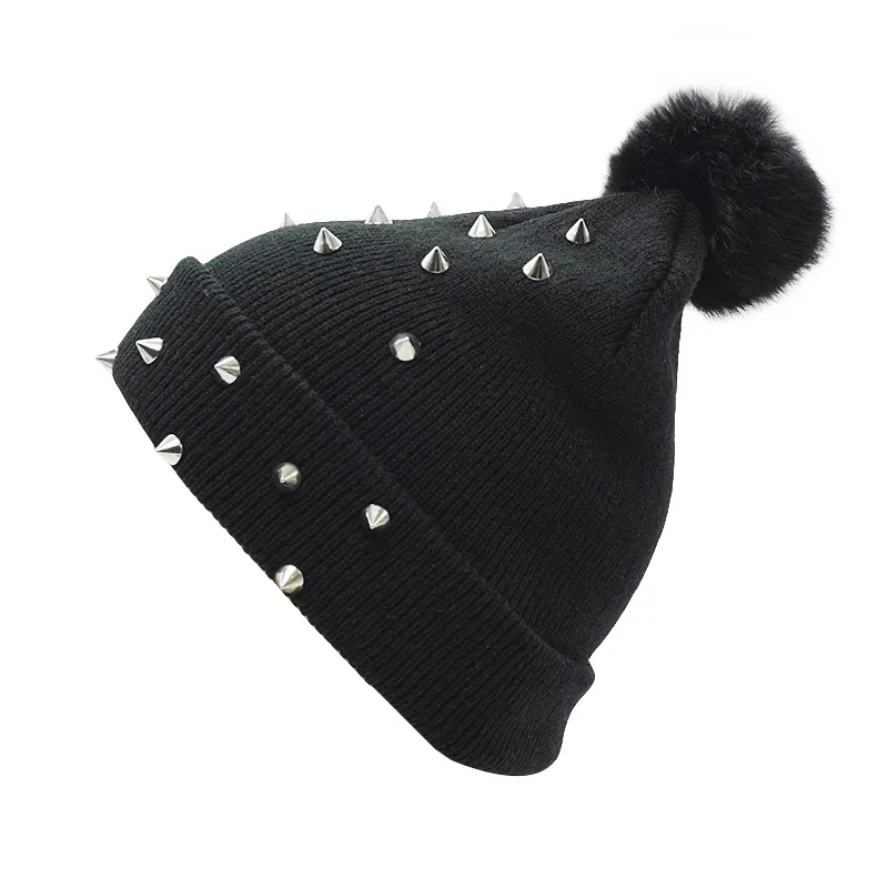 Beanie Skull Caps Women Punk Rivet Winter Hat Black Big Pom Fashion Sticked Wool Thick Warm Ladies259u