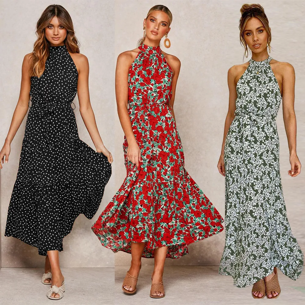 Zomer Print Boho Jurk Vrouwen 2020 Hater Mouwloze Lange Jurk Meisjes Vakantie Geplooide Bloemen Maxi Jurken Y0118