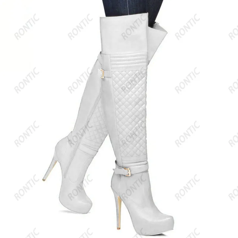Rontic Neue Damen-Winter-Overknee-Stiefel, Plateau-Stiletto-Absätze, runde Zehen, hübsche braune, schwarze und weiße Partyschuhe, US-Größe 5–20