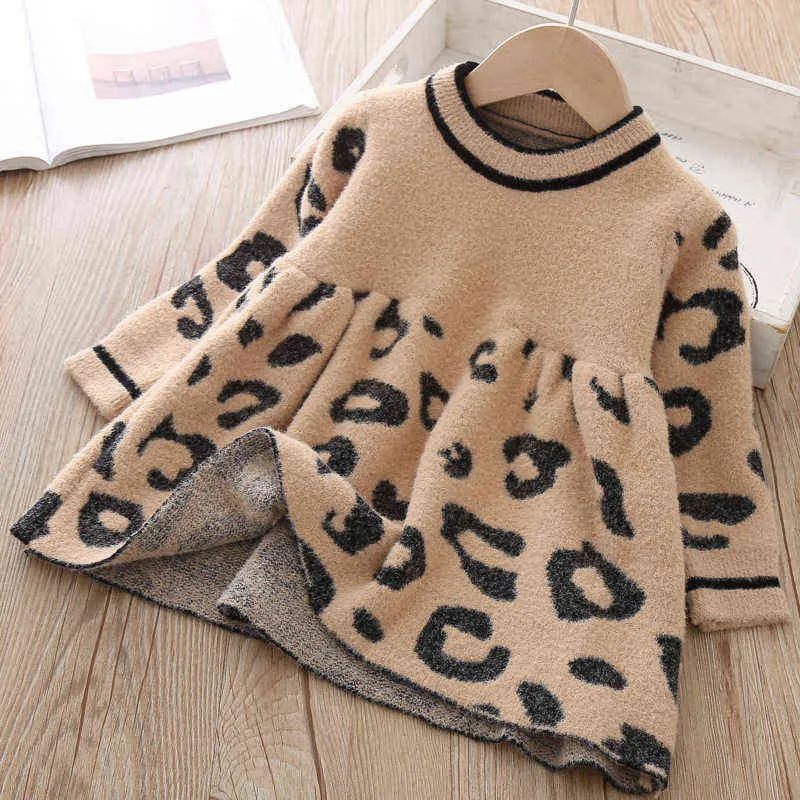 Flickor Baby Crystal Mink Fleece Klänning Höst Vinterår Kostymer Barn Leopard Print Söt Sweater Klänningar för Tjej 211231