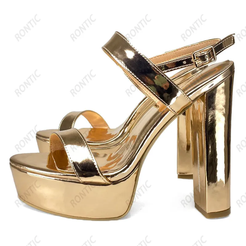 RONTIC handgemaakte vrouwen platform sandalen gesp strap patent lederen blok hakken open teen prachtige zilveren partij schoenen US maat 5-20