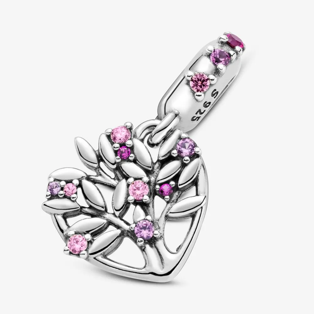 Nouvelle arrivée 100% 925 argent sterling coeur rose arbre généalogique balancent charme ajustement original européen bracelet à breloques bijoux de mode 2429