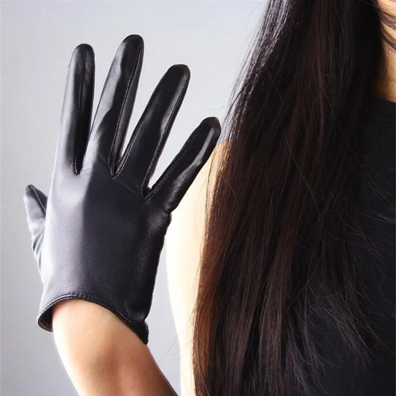 Guantes de piel de oveja de diseño corto para mujer, guantes finos de cuero genuino con pantalla táctil, guantes negros para motocicleta R630 201104284s