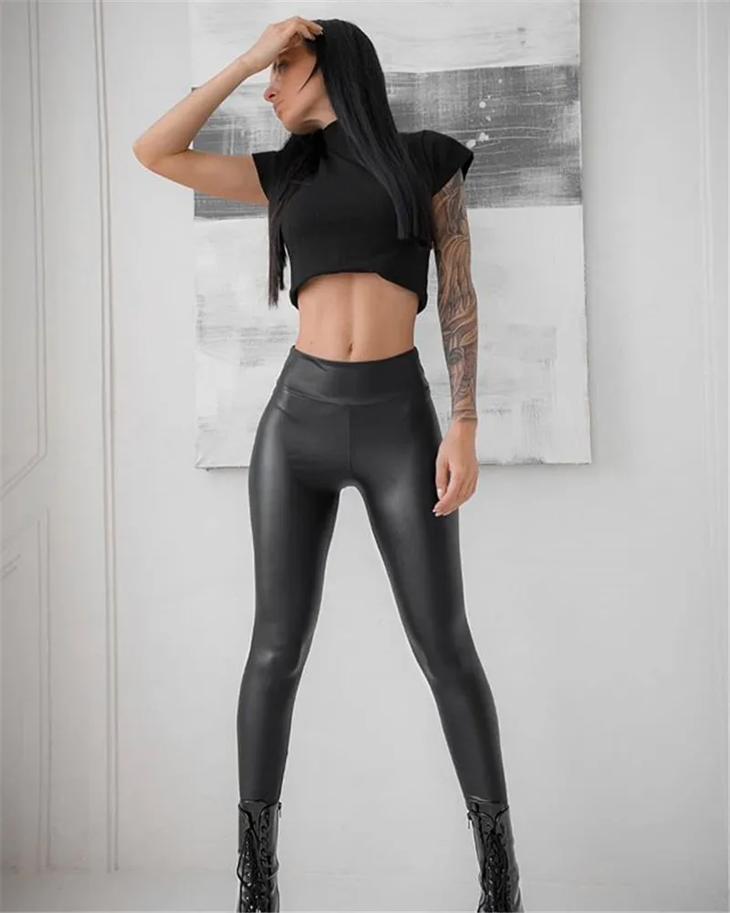 Sexy schwarze hohe Taille Leggings Frauen Kunstlederhosen Schwarze Schlanke Strumpfhosen Mode Frauen Kleidung Will und Sandy Gift