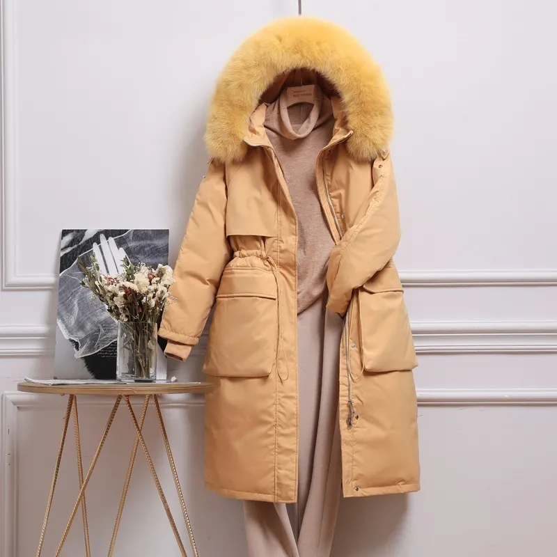 FTLZZ Winter Artificial Fur Hooded Long Jacket 90% White Duck Down Coat Big Pocket Parkas Loose Warm Jackets Yellow Snow Outwear 201127