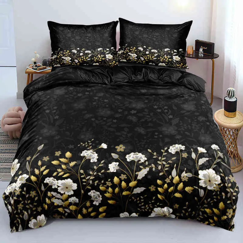 3D Design Blumen Bettbezug-Sets Bettwäsche Bettwäsche-Set Steppdecke Bettbezüge Kissenbezüge 220 x 240 Größe Schwarz Home Texitle 21122326t