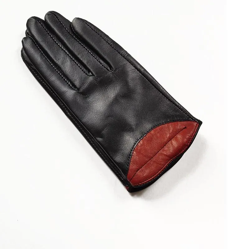 Sexiga röda läppar personlighet kvinnors läderhandskar varma fårskinn kvinnors handskar svart körning vinter2119