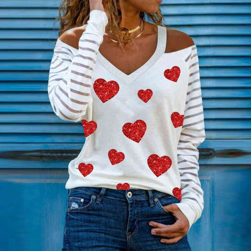 Casual Femmes Col En V Coeur Imprimer Blouses Chemises Élégant Évider Halter Pull Tops Sexy Rayé Patchwork À Manches Longues Blusas H1230