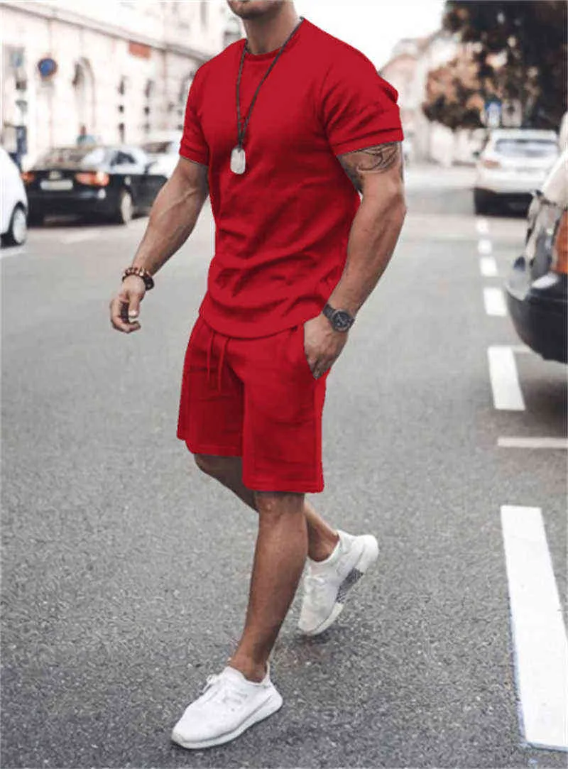 Ta&To Men's Tracksuit Set Summer Solid Sport Hawaiian Suit Short Sleeve T Shirt and Shorts Casual Fashion Man Clothing G220224