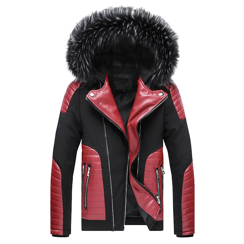 Hommes Veste Automne Hiver Veste À Capuche Veste En Fausse Fourrure Parka Hommes Faux Cuir Couture Style Biker Moto Outwear Vestes 201114