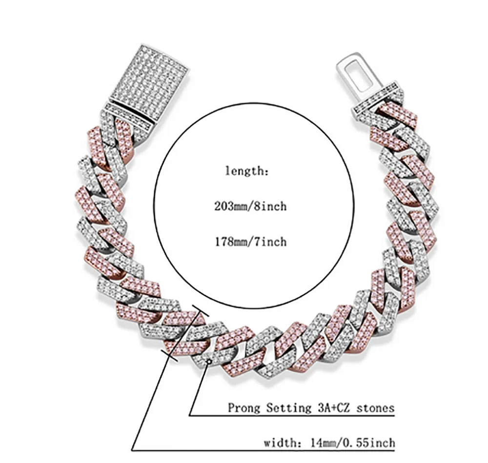 Collier chaîne à maillons cubains glacés de 14mm, bracelet, deux tons, blanc, or rose, zircone cubique, bijoux 16 à 24 pouces, chaîne cubaine243A