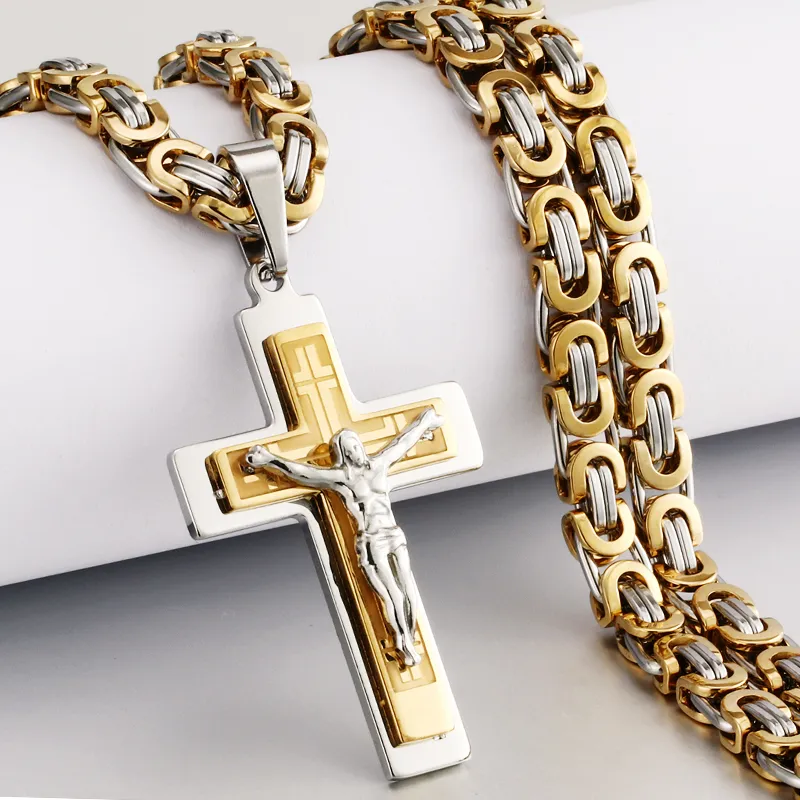 Religiösa män rostfritt stål Crucifix Cross Pendant Halsband Tunga byzantinska kedjehalsband Jesus Kristus Holiga smycken gåvor Q1124738339