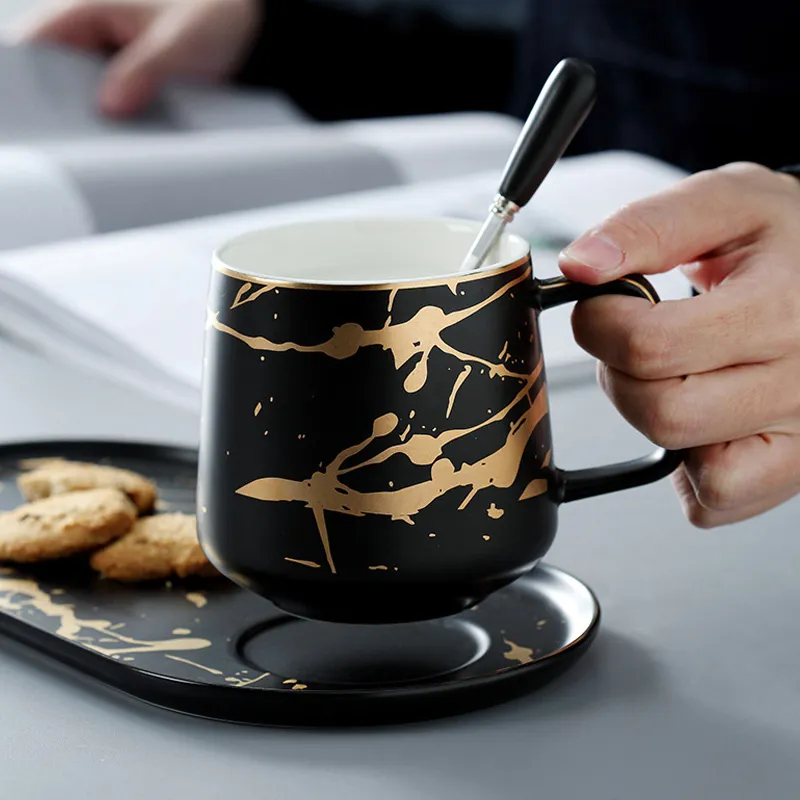 MUZITY Latte in ceramica con piatto da colazione in porcellana di marmoTazza da tè e piattino Set una persona Q1222